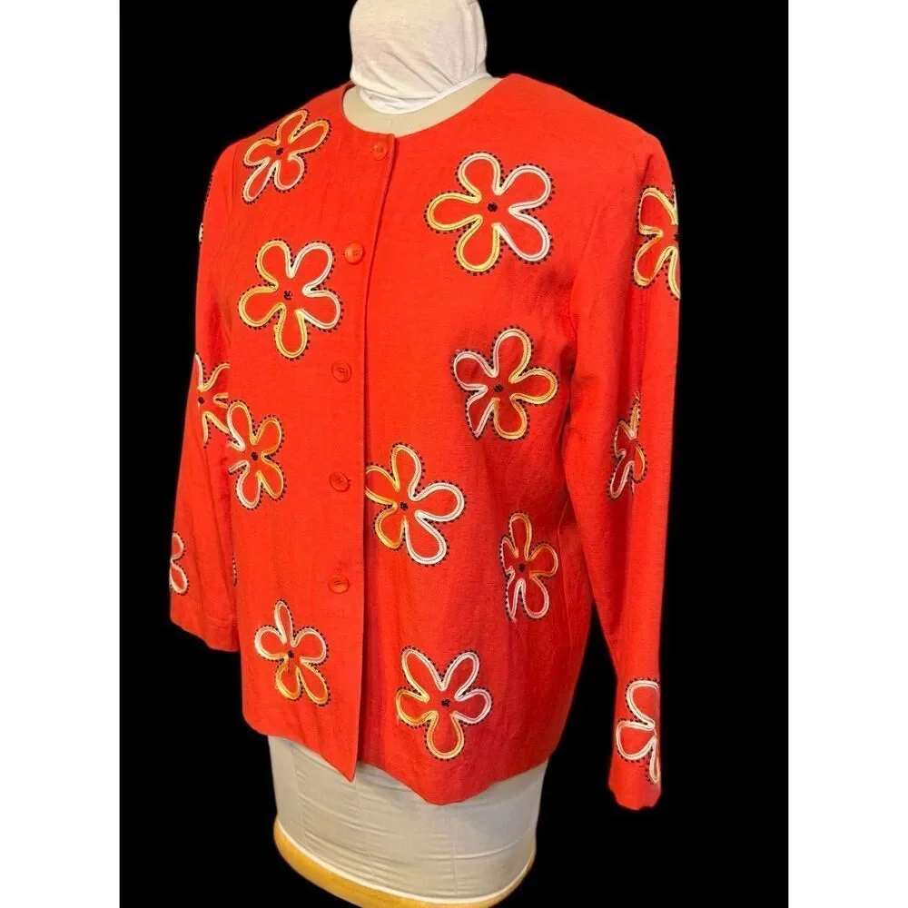 Coldwater Creek Linen Blend Jacket Medium Flower Embroidery All Over Button Fron